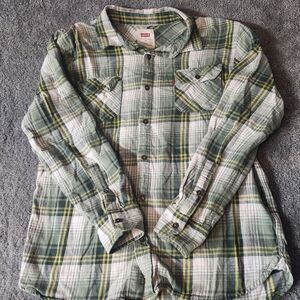 Levis Mens Green Plaid Button Up Shirt Pockets Long Sleeve Size Medium Casual